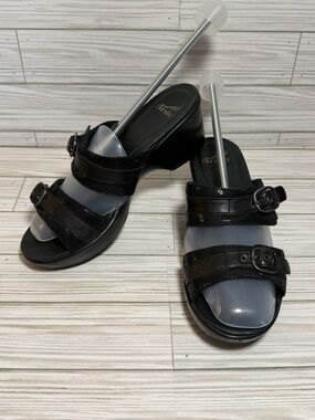 Dansko Jessie Sandals Black Lizard Leather Slide Wedge Size EU 40 US 9.5 10